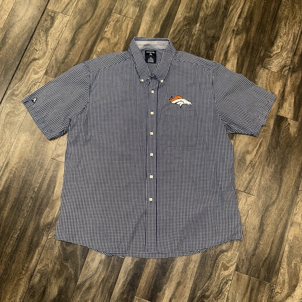 Antigua Men's Denver Broncos Short Sleeve Button-Down Check Pattern Size 2XL
